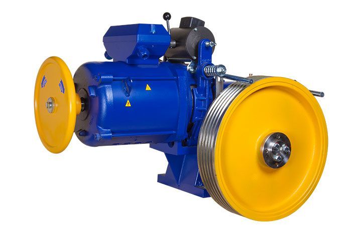 Technical motor and machinery components representing a gearless elevator machine